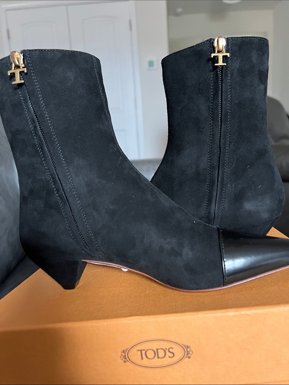 TOD'S Black Suede and Black Leather Cap-Toe Ankle Boots
